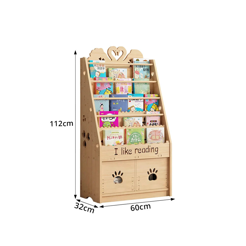 LIVARA Kids Bookshelf - Swan Design Multi-Tier Book Storage Drawer Cabinet 60cm - Natural Wood