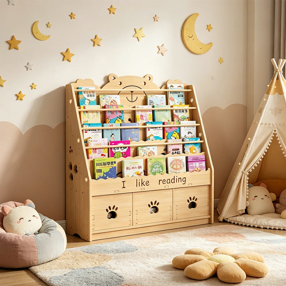 LIVARA Kids Bookshelf - Cute Bear Design Multi-Tier Book Storage Drawer Cabinet 100cm - Natural Wood