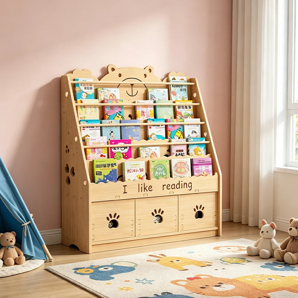 LIVARA Kids Bookshelf - Cute Bear Design Multi-Tier Book Storage Drawer Cabinet 100cm - Natural Wood