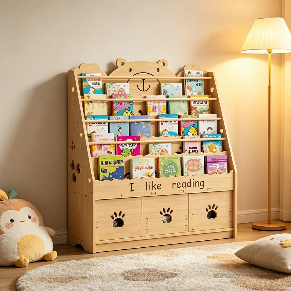 LIVARA Kids Bookshelf - Cute Bear Design Multi-Tier Book Storage Drawer Cabinet 100cm - Natural Wood