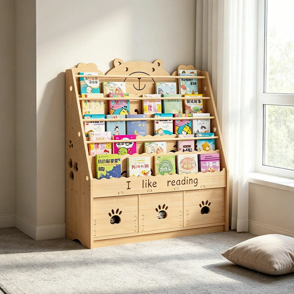 LIVARA Kids Bookshelf - Cute Bear Design Multi-Tier Book Storage Drawer Cabinet 100cm - Natural Wood