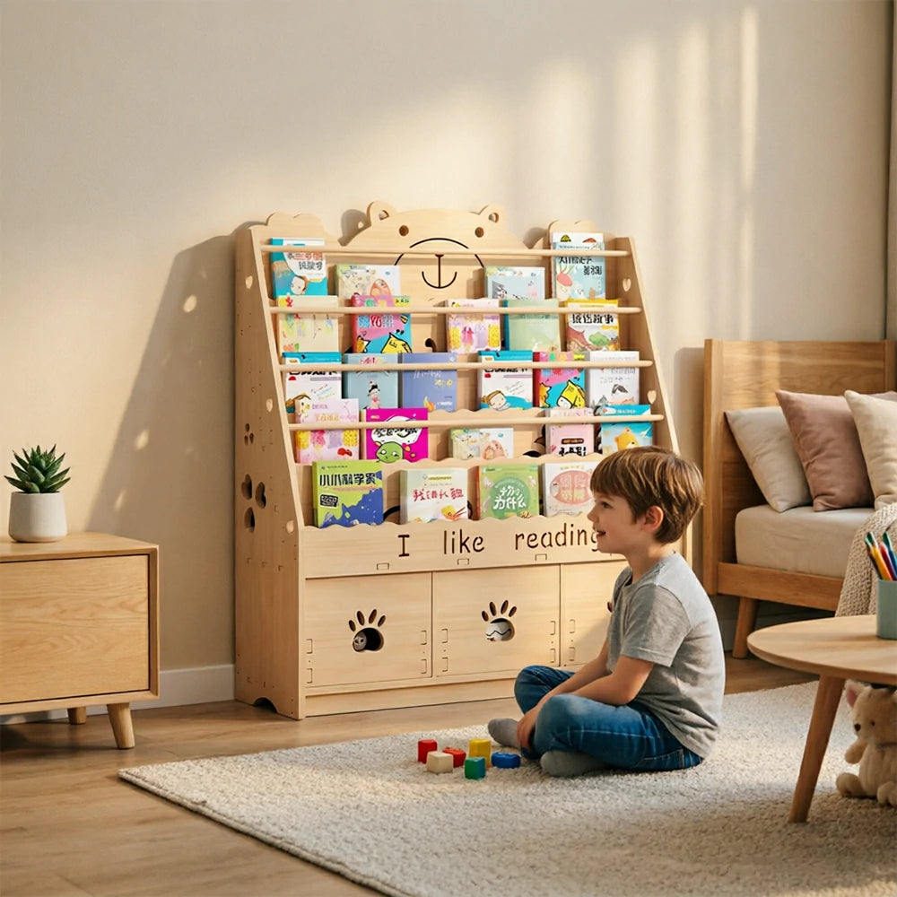 LIVARA Kids Bookshelf - Cute Bear Design Multi-Tier Book Storage Drawer Cabinet 100cm - Natural Wood