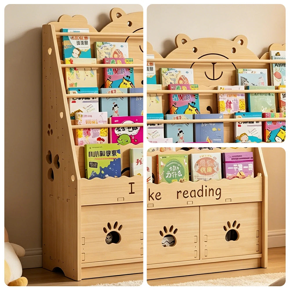 LIVARA Kids Bookshelf - Cute Bear Design Multi-Tier Book Storage Drawer Cabinet 100cm - Natural Wood