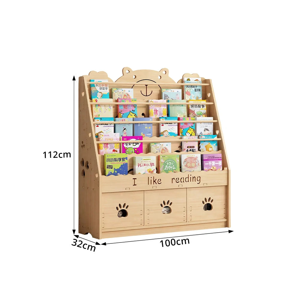LIVARA Kids Bookshelf - Cute Bear Design Multi-Tier Book Storage Drawer Cabinet 100cm - Natural Wood