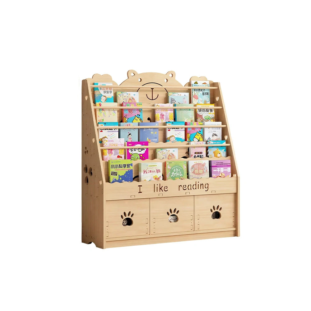 LIVARA Kids Bookshelf - Cute Bear Design Multi-Tier Book Storage Drawer Cabinet 100cm - Natural Wood