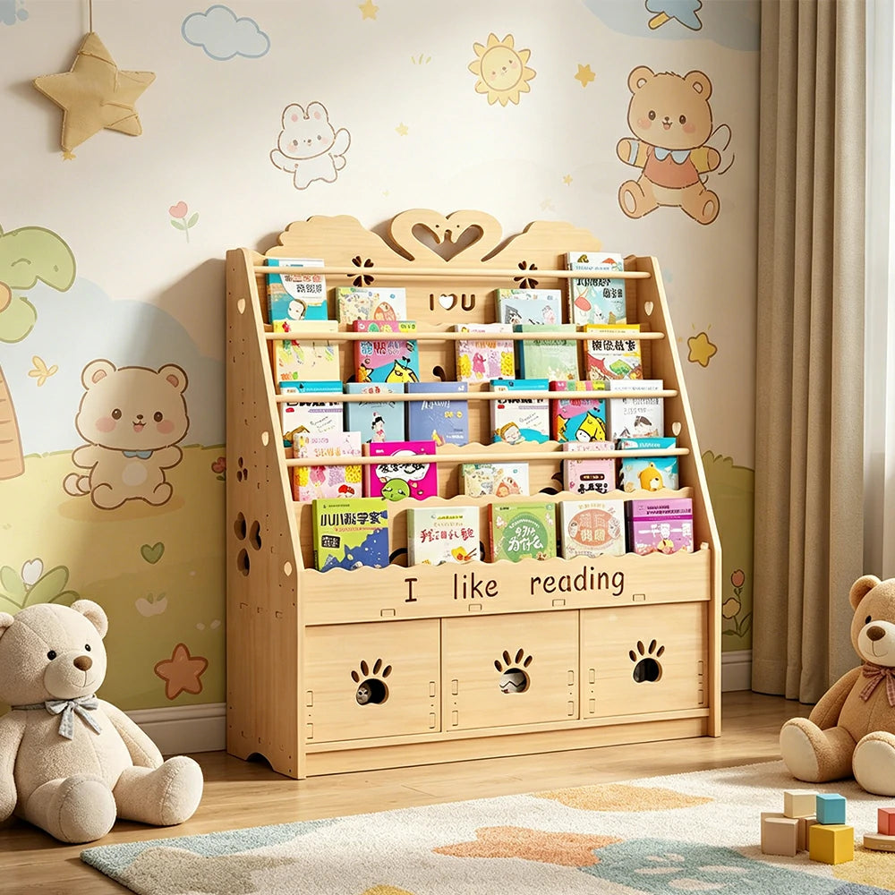 LIVARA Kids Bookshelf - Swan Design Multi-Tier Book Storage Drawer Cabinet 100cm - Natural Wood