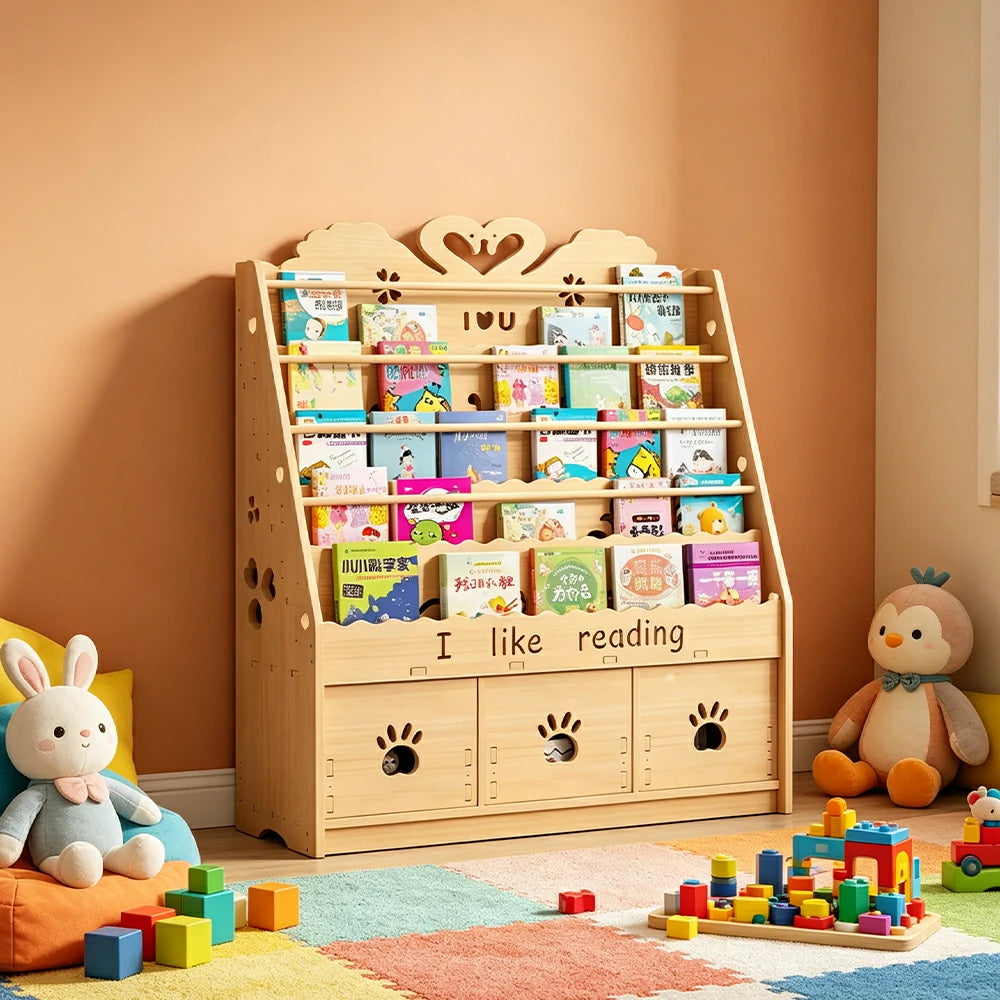 LIVARA Kids Bookshelf - Swan Design Multi-Tier Book Storage Drawer Cabinet 100cm - Natural Wood