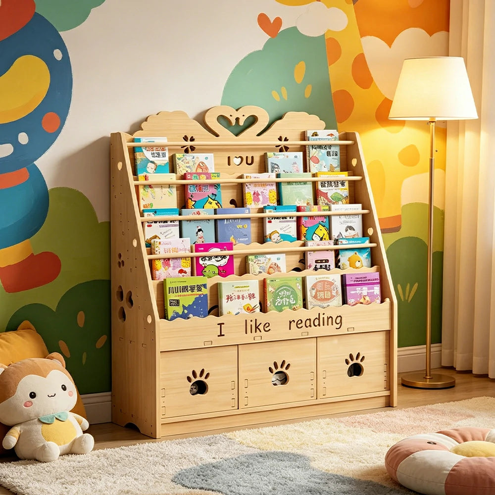 LIVARA Kids Bookshelf - Swan Design Multi-Tier Book Storage Drawer Cabinet 100cm - Natural Wood