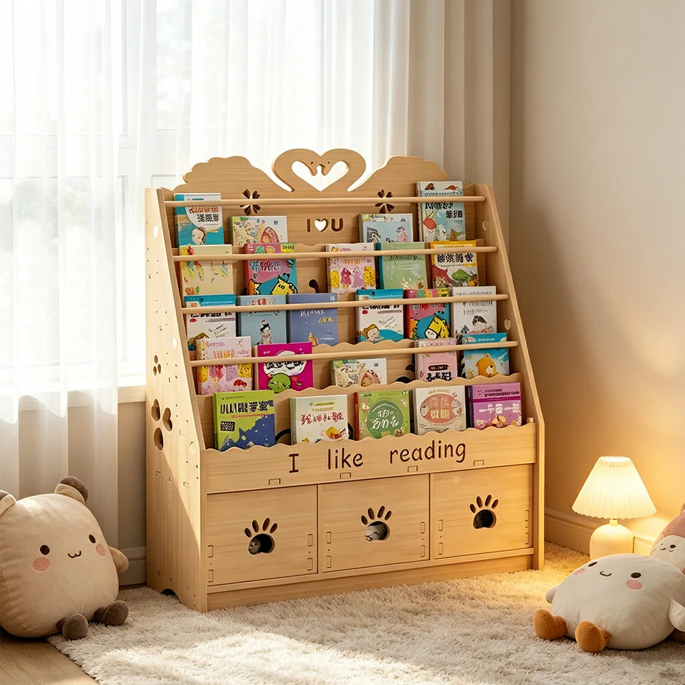 LIVARA Kids Bookshelf - Swan Design Multi-Tier Book Storage Drawer Cabinet 100cm - Natural Wood