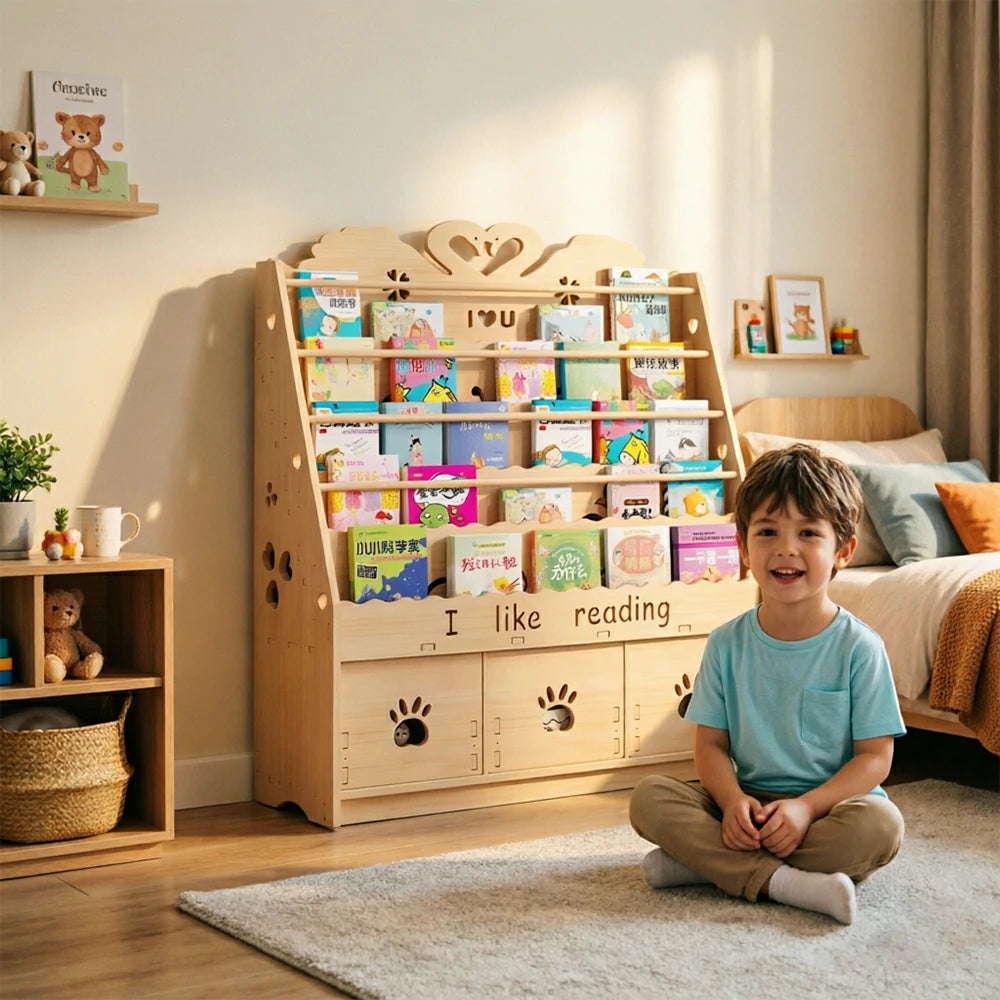 LIVARA Kids Bookshelf - Swan Design Multi-Tier Book Storage Drawer Cabinet 100cm - Natural Wood