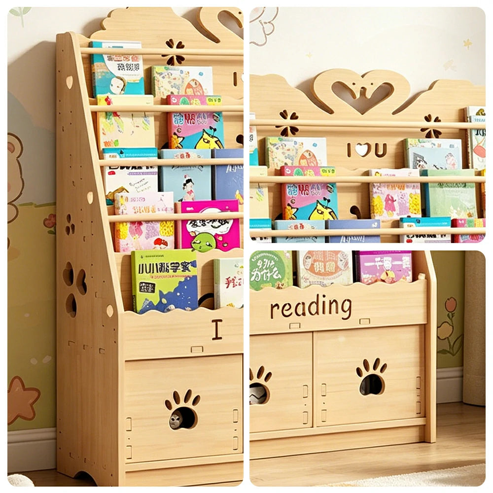 LIVARA Kids Bookshelf - Swan Design Multi-Tier Book Storage Drawer Cabinet 100cm - Natural Wood