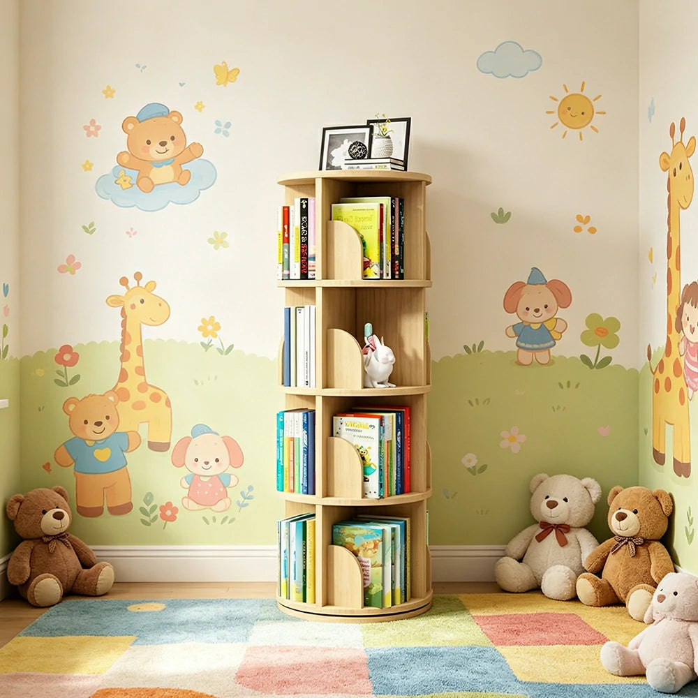 LIVARA Kids Rotating Bookshelf - 360 Degree Multi-Tier Book Storage Space Saving Organiser 46cm - Natural Wood