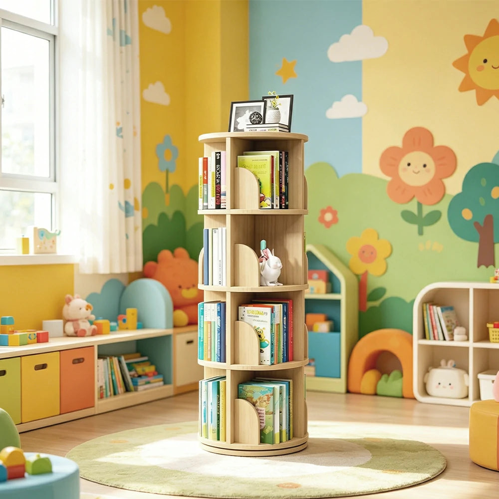 LIVARA Kids Rotating Bookshelf - 360 Degree Multi-Tier Book Storage Space Saving Organiser 46cm - Natural Wood