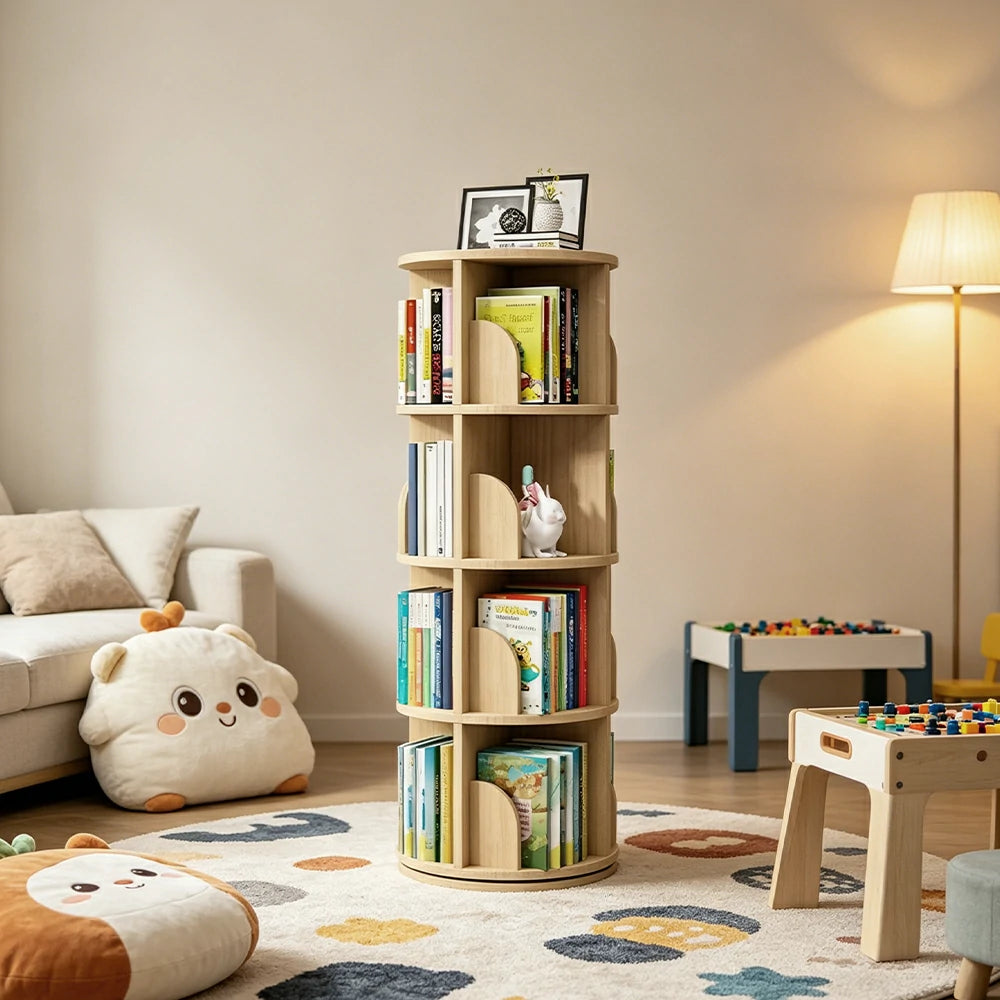 LIVARA Kids Rotating Bookshelf - 360 Degree Multi-Tier Book Storage Space Saving Organiser 46cm - Natural Wood