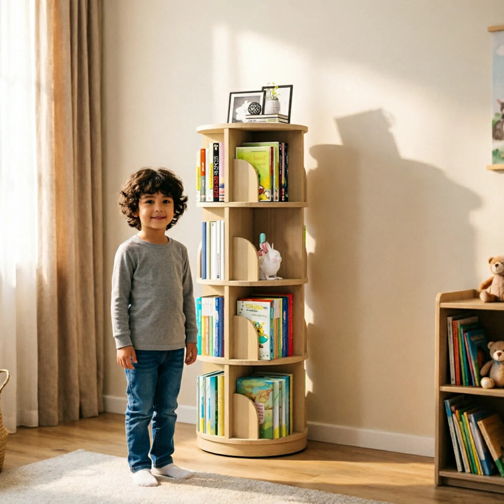 LIVARA Kids Rotating Bookshelf - 360 Degree Multi-Tier Book Storage Space Saving Organiser 46cm - Natural Wood