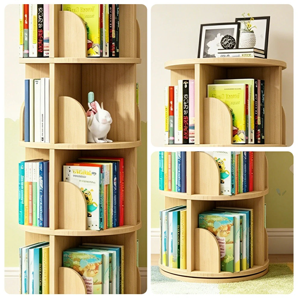 LIVARA Kids Rotating Bookshelf - 360 Degree Multi-Tier Book Storage Space Saving Organiser 46cm - Natural Wood