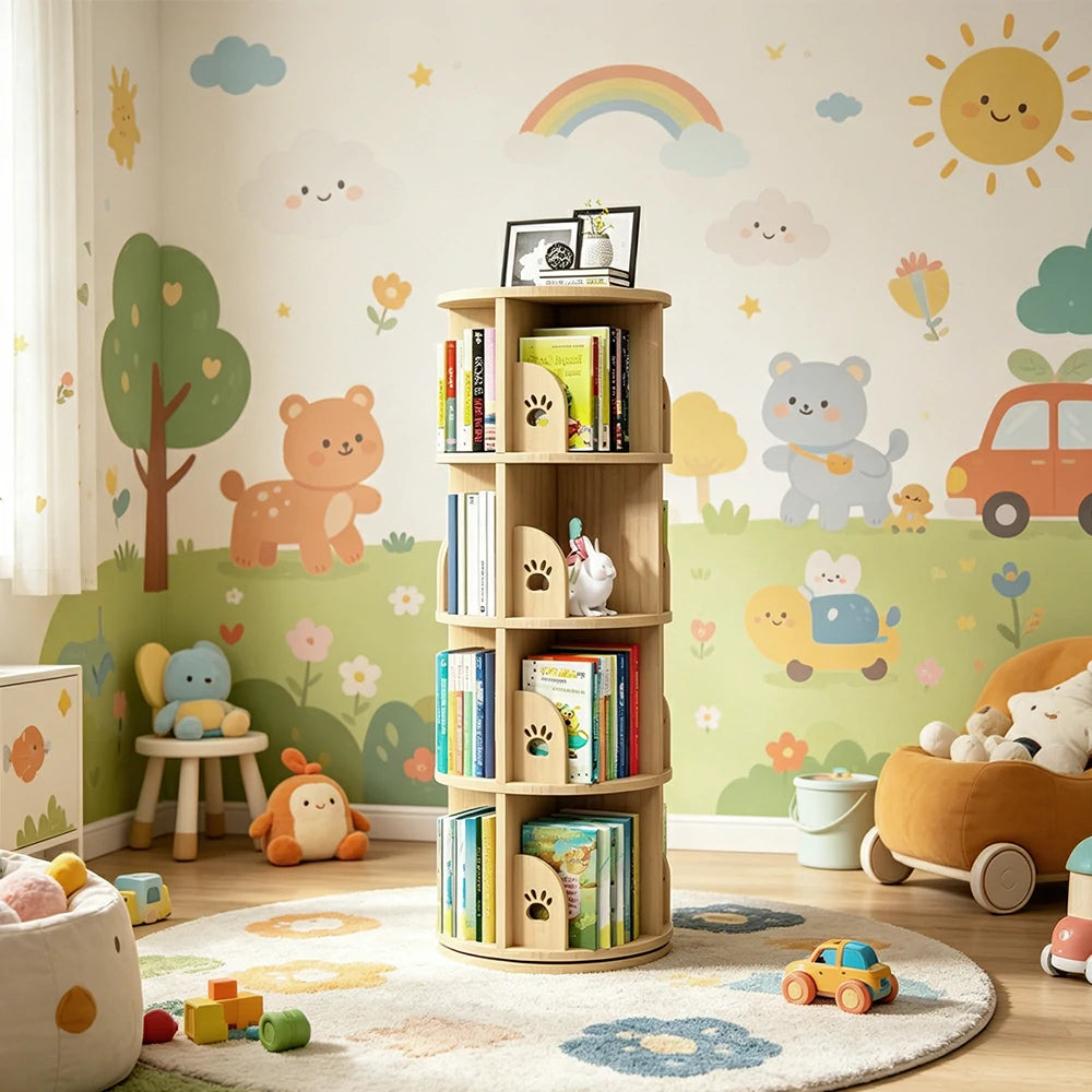 LIVARA Kids Rotating Bookshelf - Four-Tier Bear Paw Design 360 Degree Book Storage Organiser 46cm - Natural Wood
