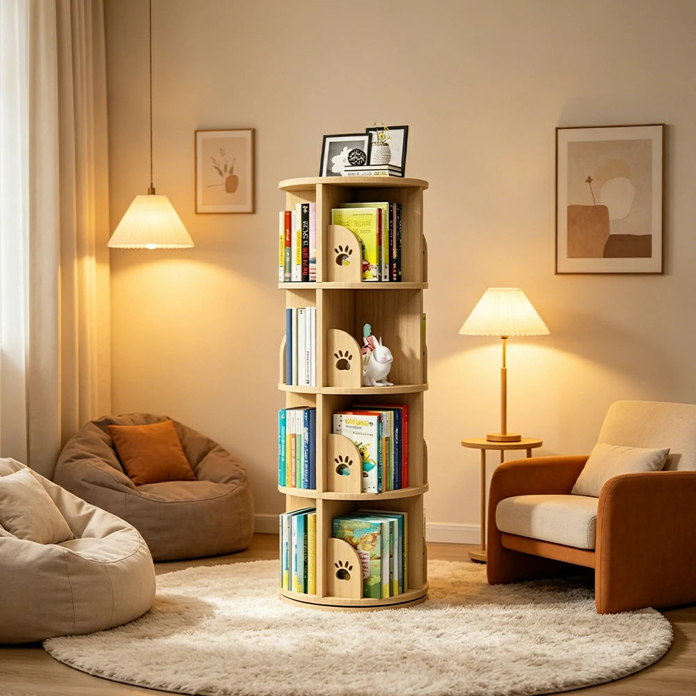 LIVARA Kids Rotating Bookshelf - Four-Tier Bear Paw Design 360 Degree Book Storage Organiser 46cm - Natural Wood