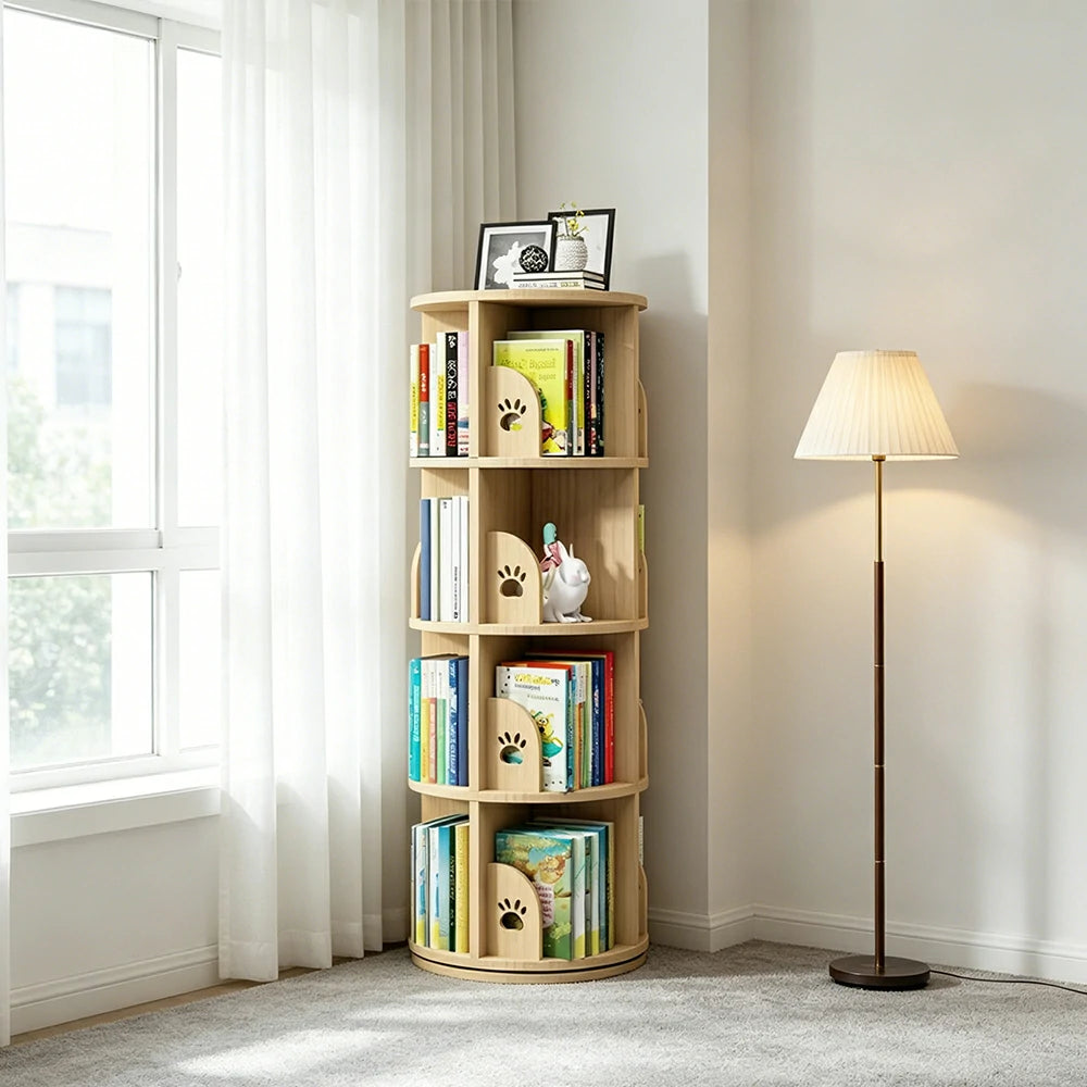 LIVARA Kids Rotating Bookshelf - Four-Tier Bear Paw Design 360 Degree Book Storage Organiser 46cm - Natural Wood