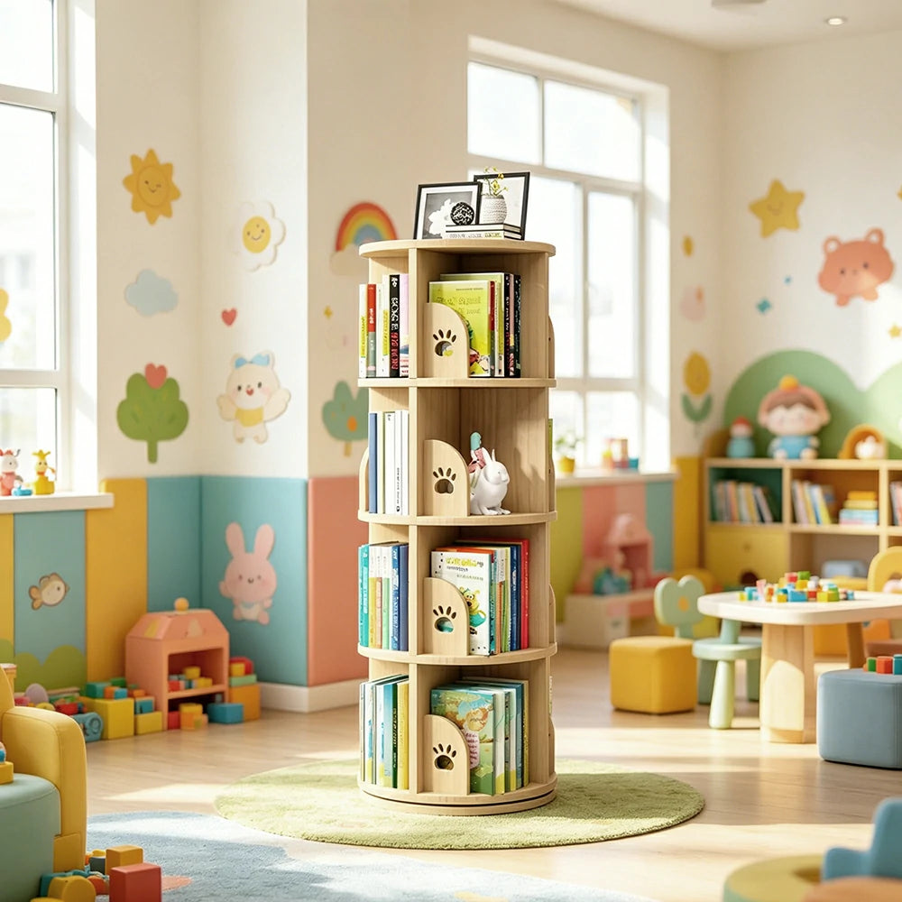 LIVARA Kids Rotating Bookshelf - Four-Tier Bear Paw Design 360 Degree Book Storage Organiser 46cm - Natural Wood