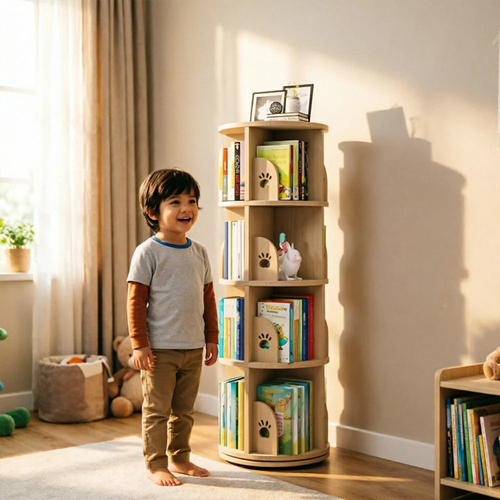 LIVARA Kids Rotating Bookshelf - Four-Tier Bear Paw Design 360 Degree Book Storage Organiser 46cm - Natural Wood