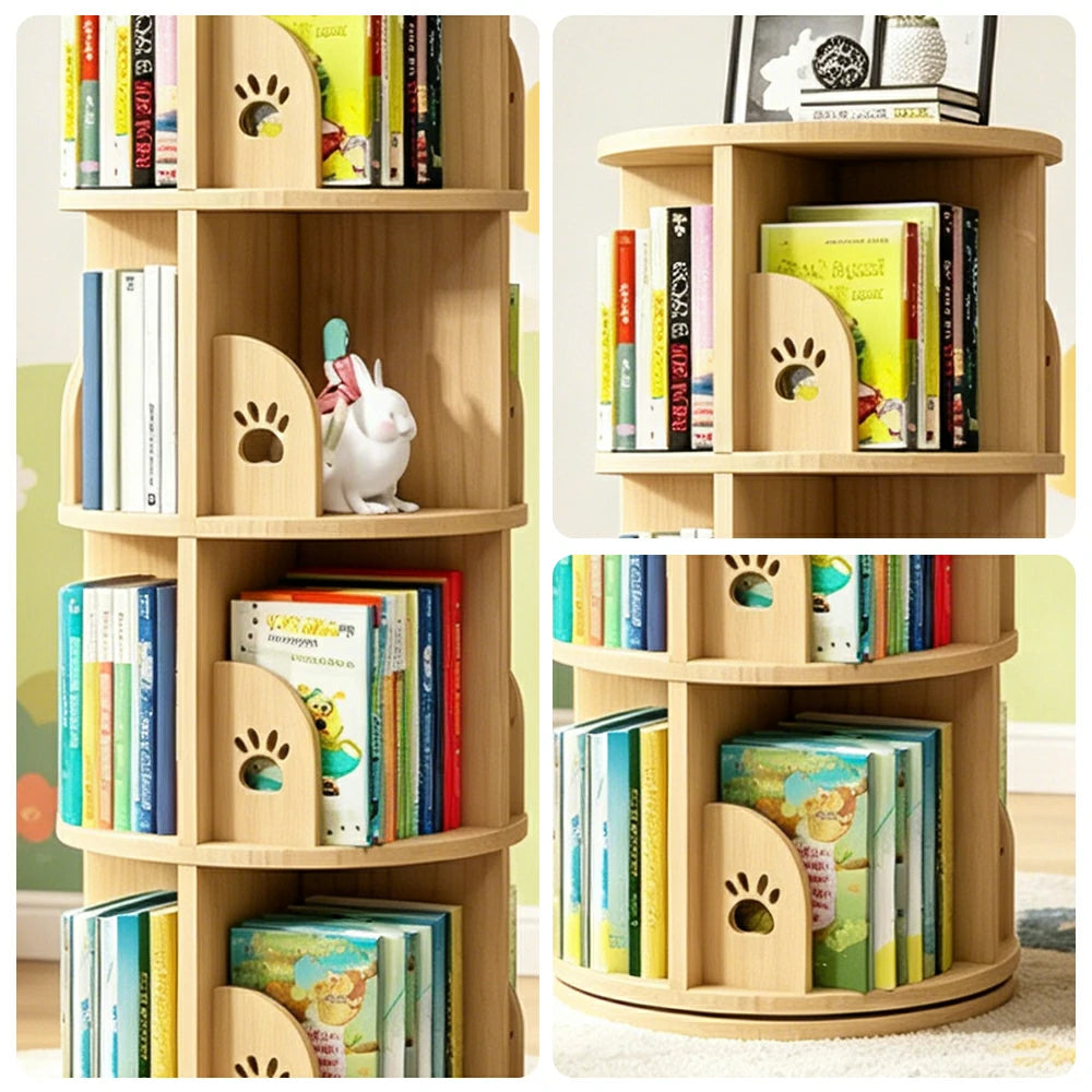 LIVARA Kids Rotating Bookshelf - Four-Tier Bear Paw Design 360 Degree Book Storage Organiser 46cm - Natural Wood