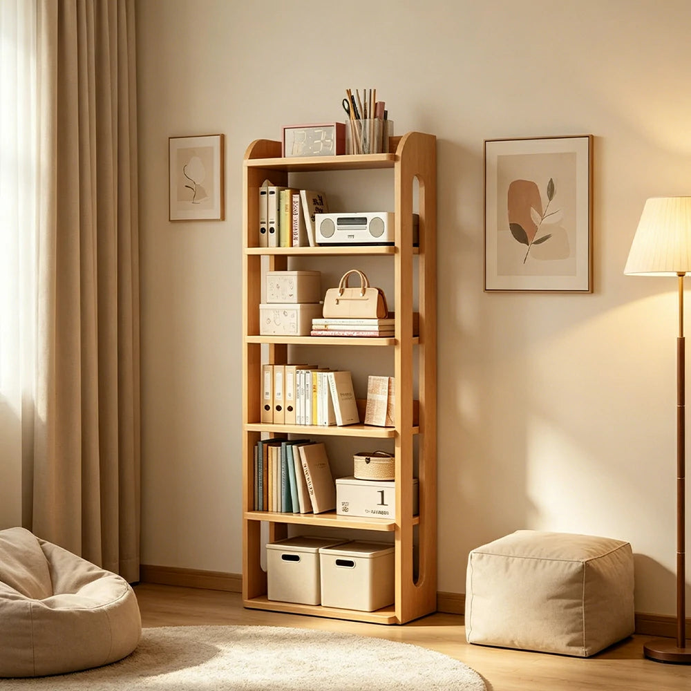 LIVARA Bookshelf - Eco Clear Lacquer Six-Tier Solid Pine Storage Shelf 60cm - Natural Wood