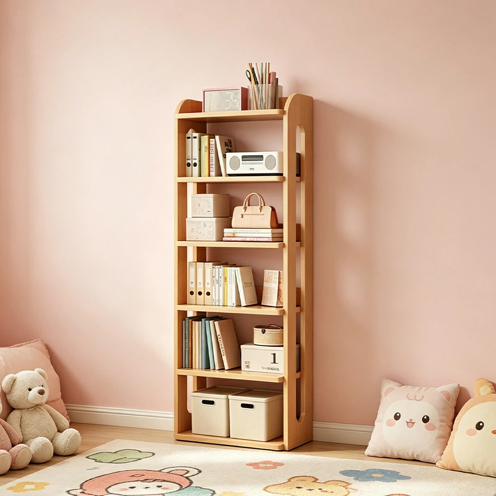 LIVARA Bookshelf - Eco Clear Lacquer Six-Tier Solid Pine Storage Shelf 60cm - Natural Wood