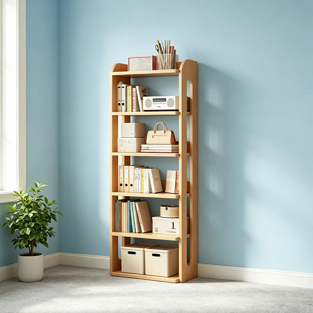 LIVARA Bookshelf - Eco Clear Lacquer Six-Tier Solid Pine Storage Shelf 60cm - Natural Wood