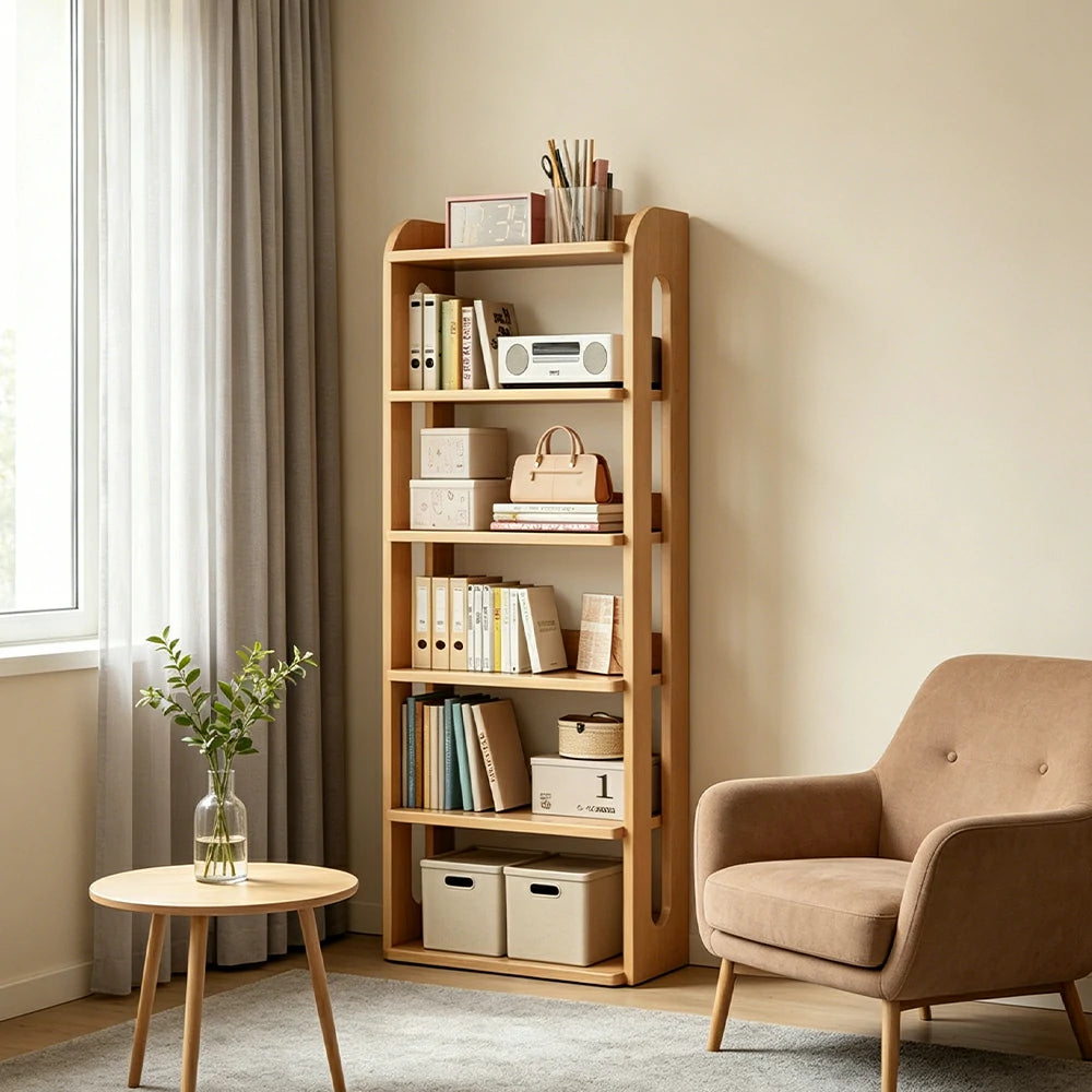 LIVARA Bookshelf - Eco Clear Lacquer Six-Tier Solid Pine Storage Shelf 60cm - Natural Wood