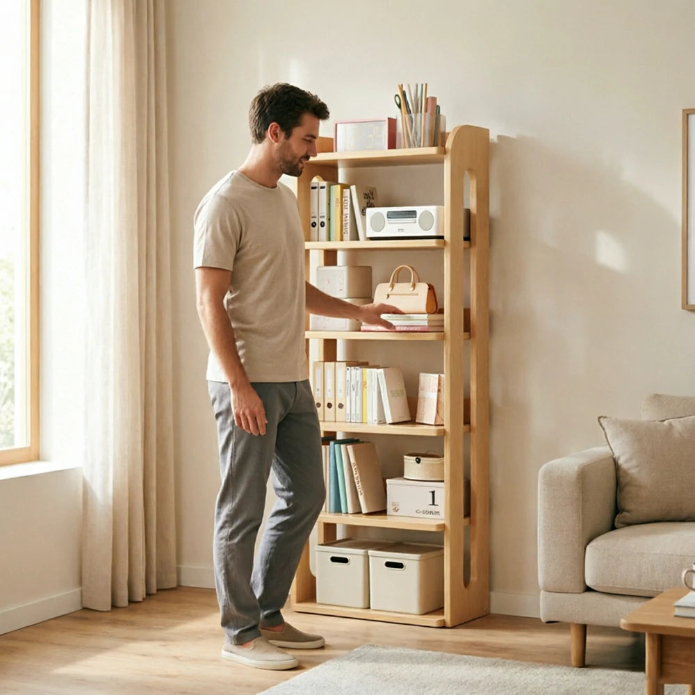 LIVARA Bookshelf - Eco Clear Lacquer Six-Tier Solid Pine Storage Shelf 60cm - Natural Wood