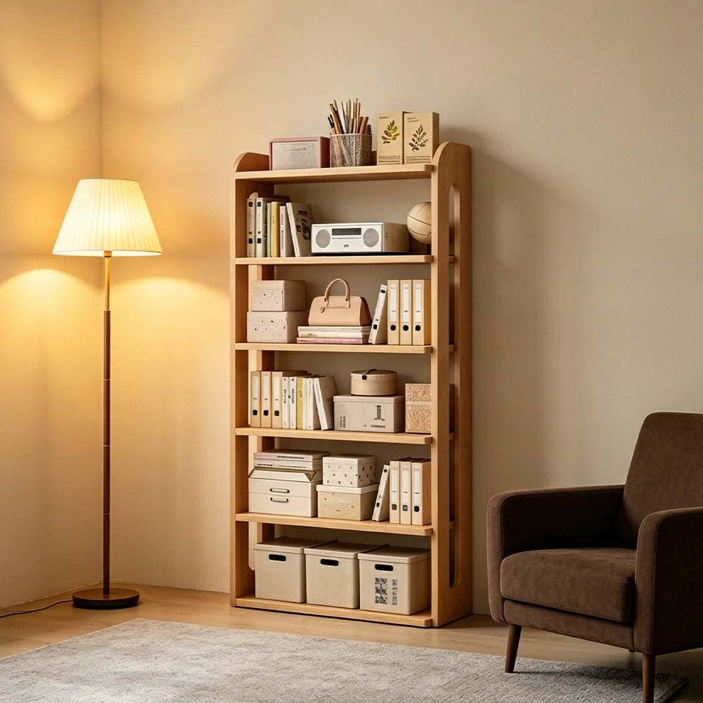 LIVARA Bookshelf - Eco Clear Lacquer Six-Tier Solid Pine Storage Shelf 80cm - Natural Wood
