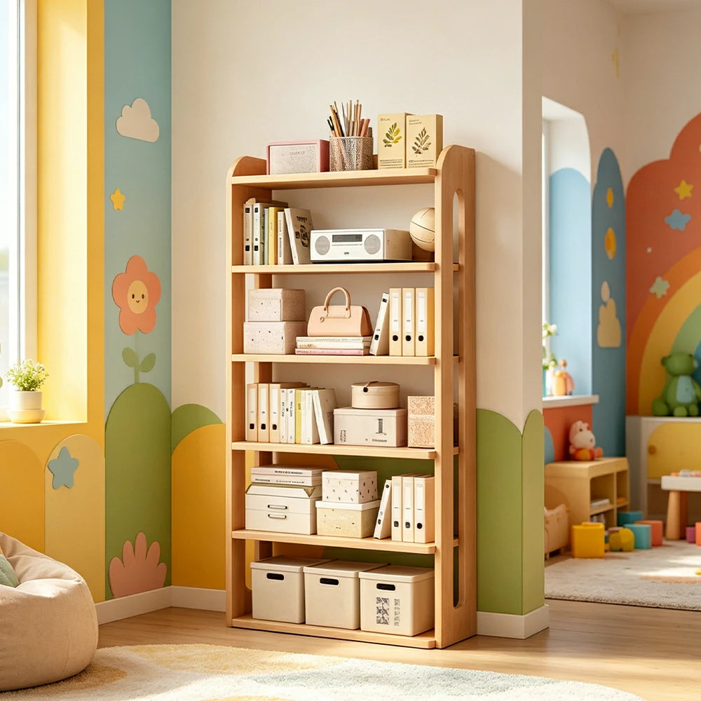 LIVARA Bookshelf - Eco Clear Lacquer Six-Tier Solid Pine Storage Shelf 80cm - Natural Wood