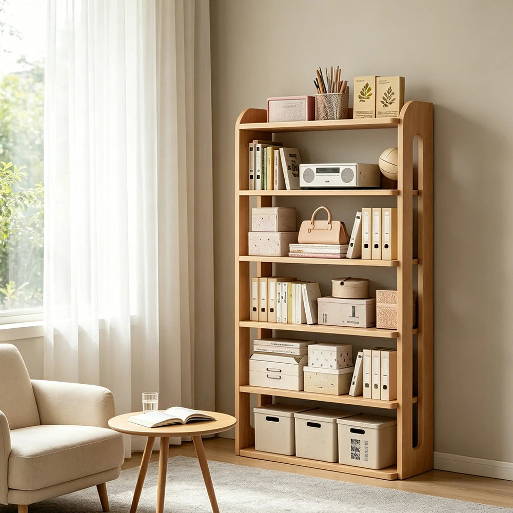 LIVARA Bookshelf - Eco Clear Lacquer Six-Tier Solid Pine Storage Shelf 80cm - Natural Wood