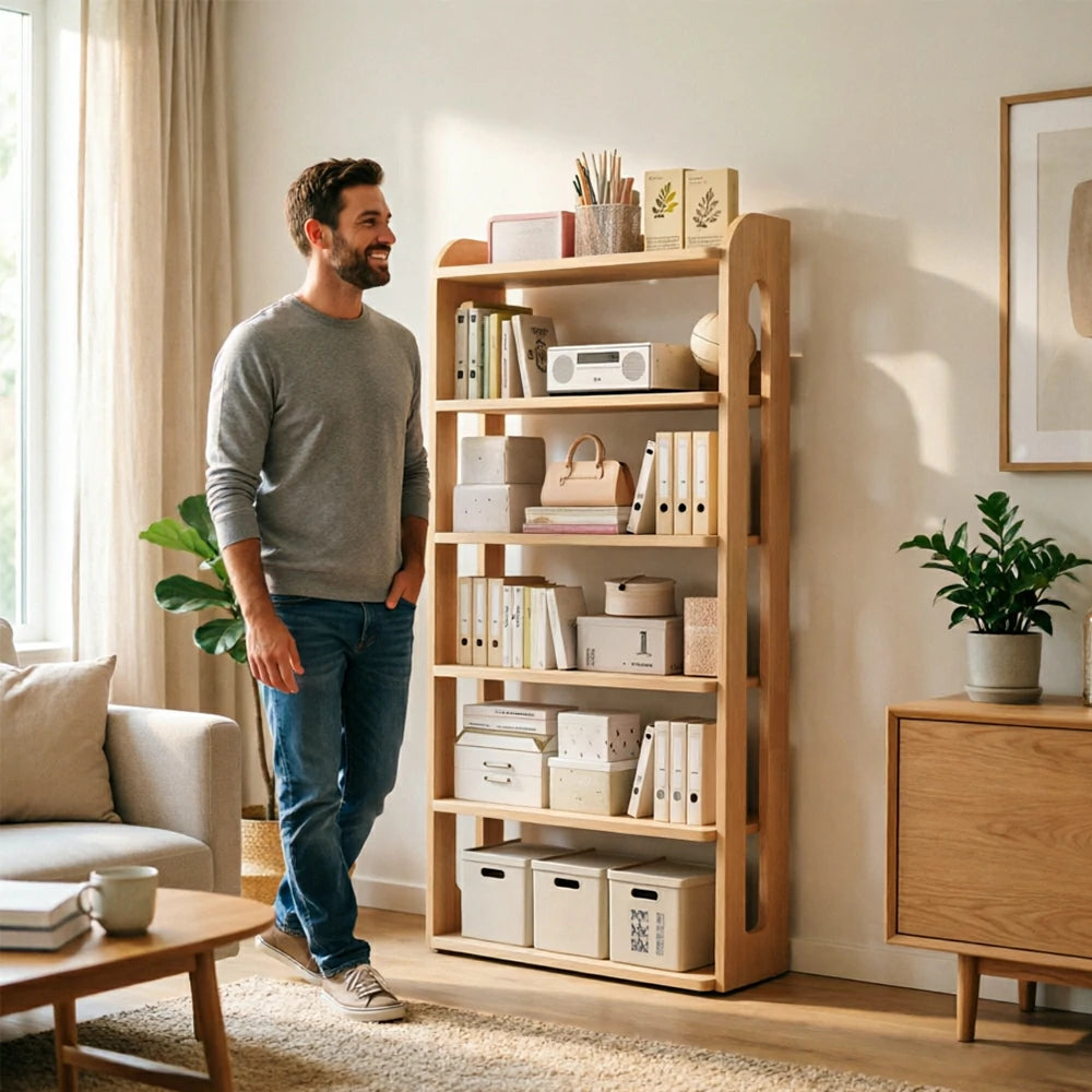 LIVARA Bookshelf - Eco Clear Lacquer Six-Tier Solid Pine Storage Shelf 80cm - Natural Wood