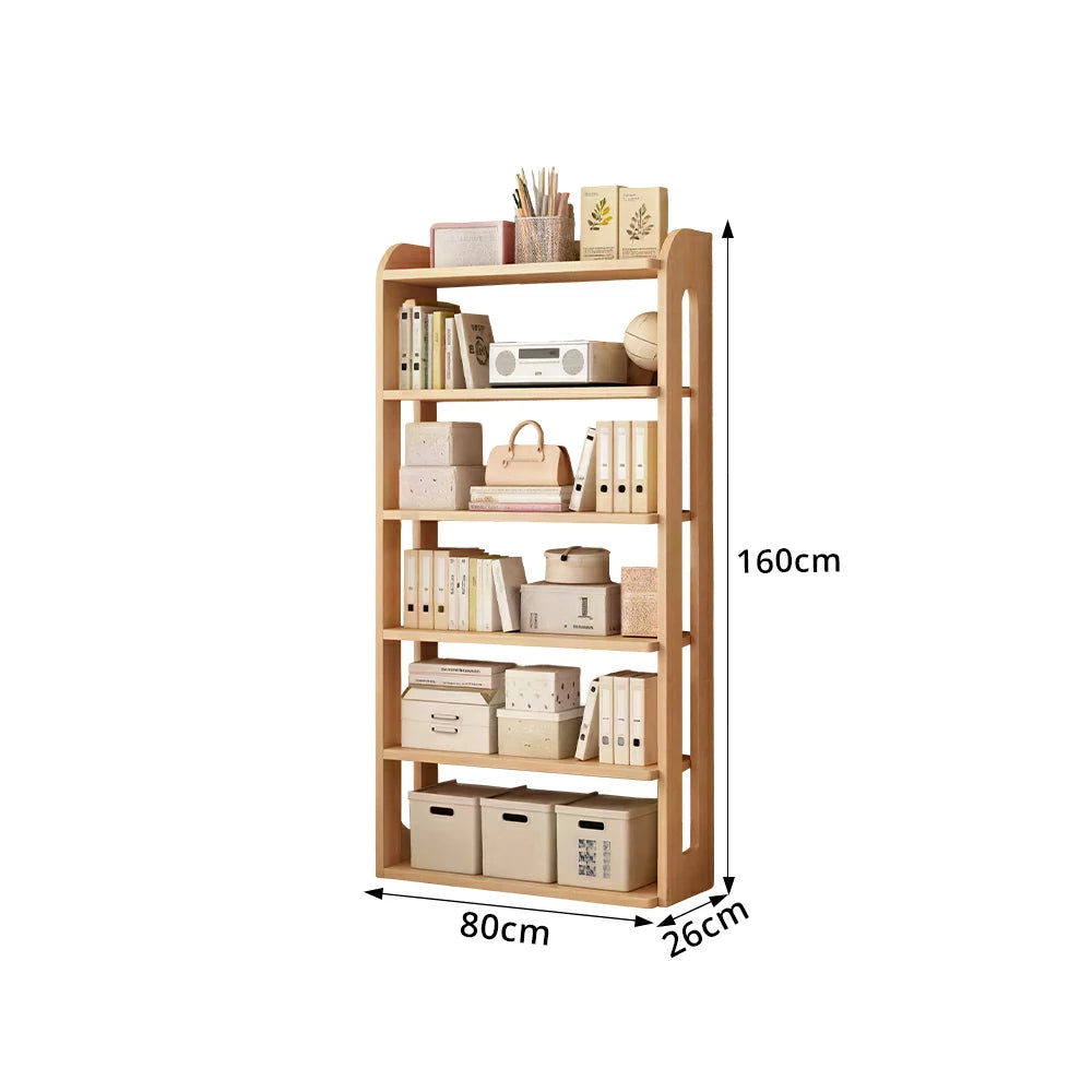 LIVARA Bookshelf - Eco Clear Lacquer Six-Tier Solid Pine Storage Shelf 80cm - Natural Wood