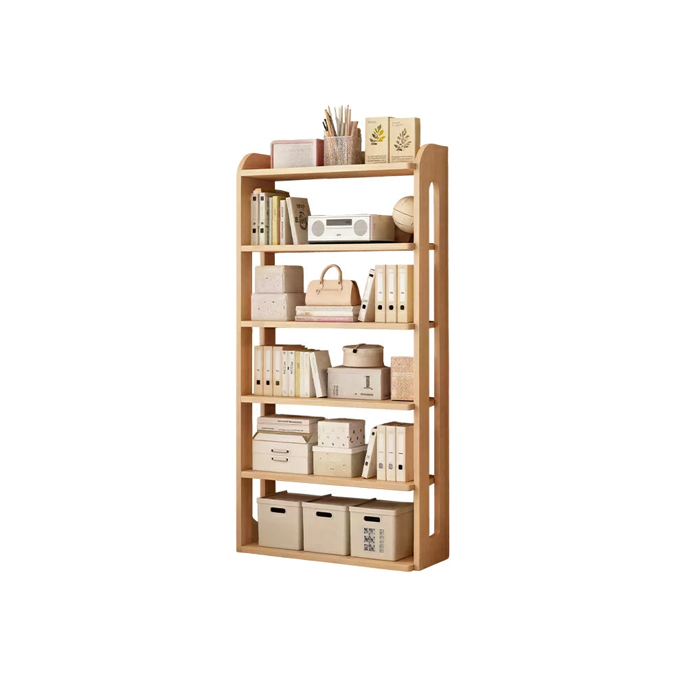 LIVARA Bookshelf - Eco Clear Lacquer Six-Tier Solid Pine Storage Shelf 80cm - Natural Wood
