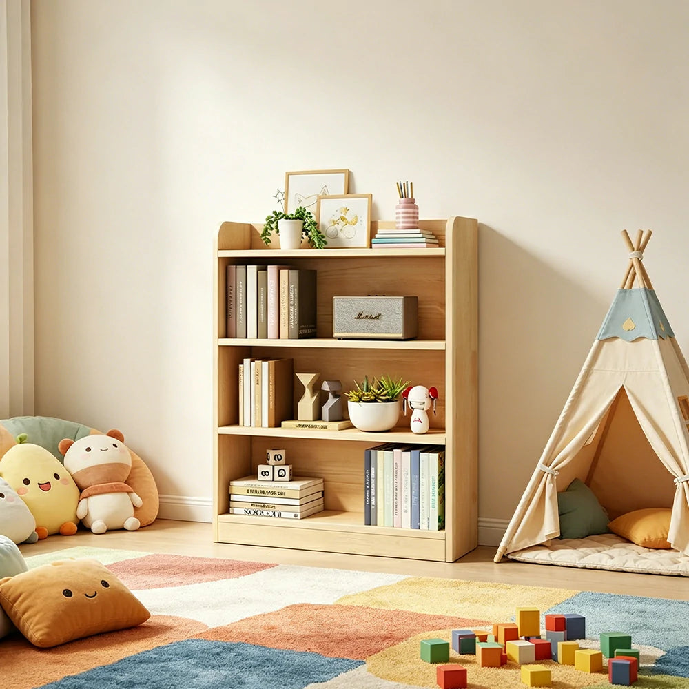 LIVARA Kids Bookshelf - Three-Tier Solid Wood Storage Shelf 60cm for Bedroom Reading Room - Natural Wood