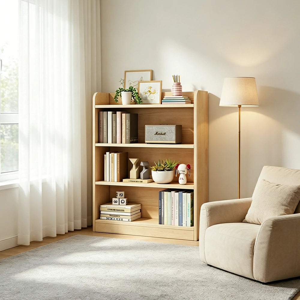 LIVARA Kids Bookshelf - Three-Tier Solid Wood Storage Shelf 60cm for Bedroom Reading Room - Natural Wood