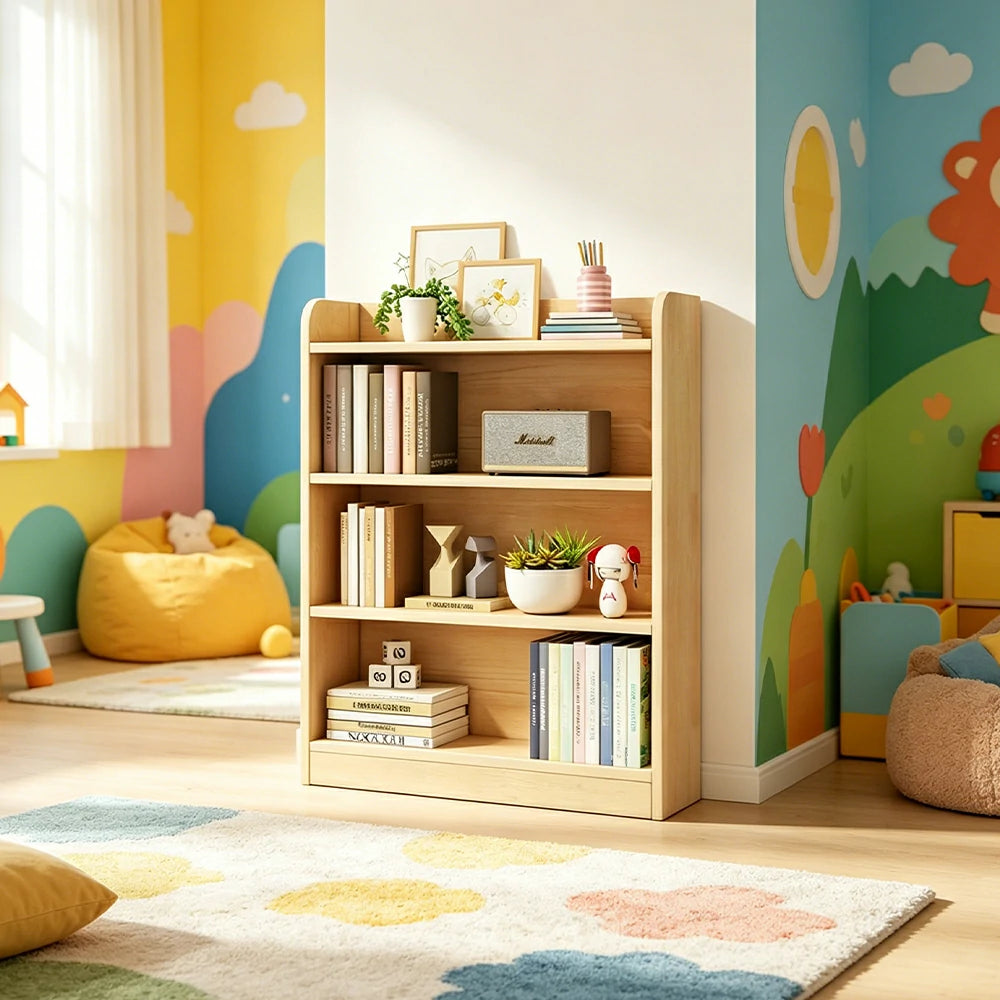 LIVARA Kids Bookshelf - Three-Tier Solid Wood Storage Shelf 60cm for Bedroom Reading Room - Natural Wood