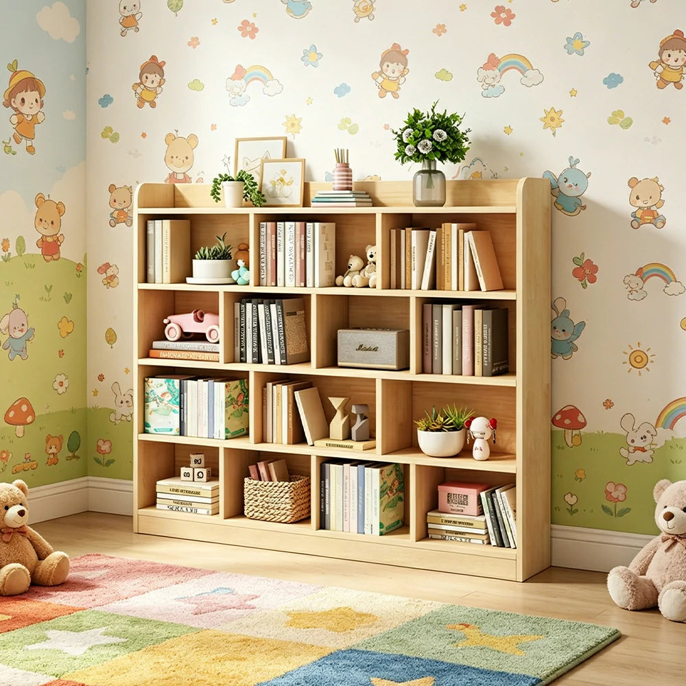 LIVARA Kids Bookshelf - Four-Tier Solid Wood Storage Shelf 180cm for Bedroom Reading Room - Natural Wood
