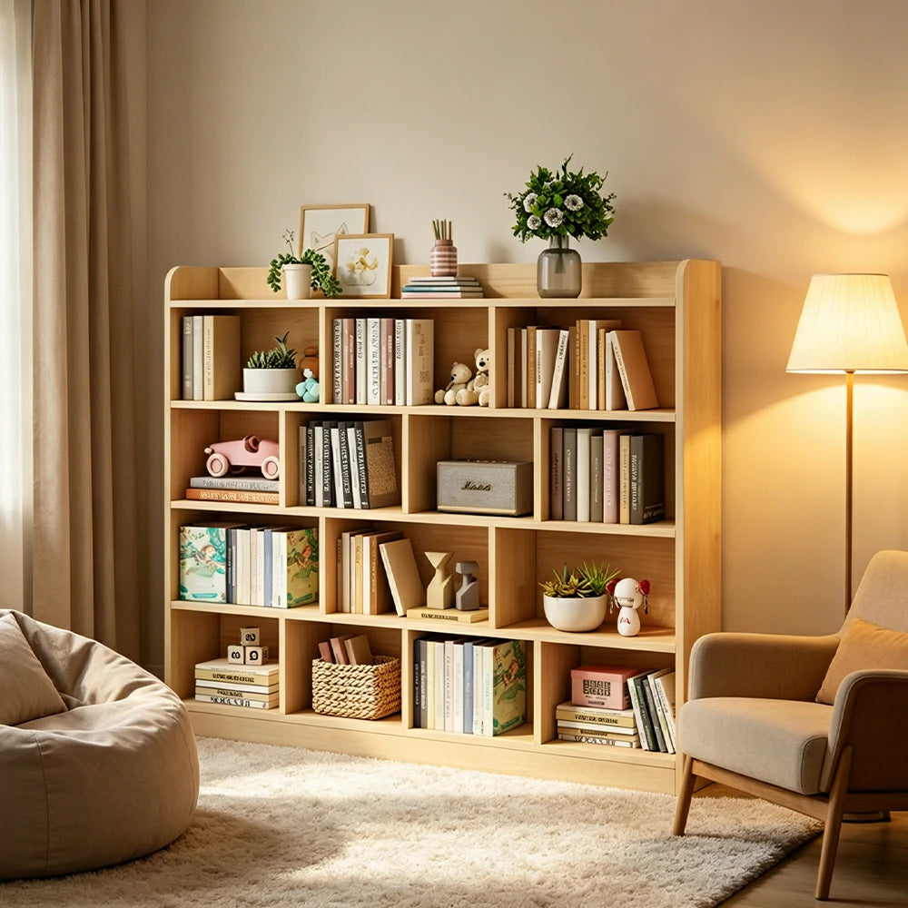 LIVARA Kids Bookshelf - Four-Tier Solid Wood Storage Shelf 180cm for Bedroom Reading Room - Natural Wood