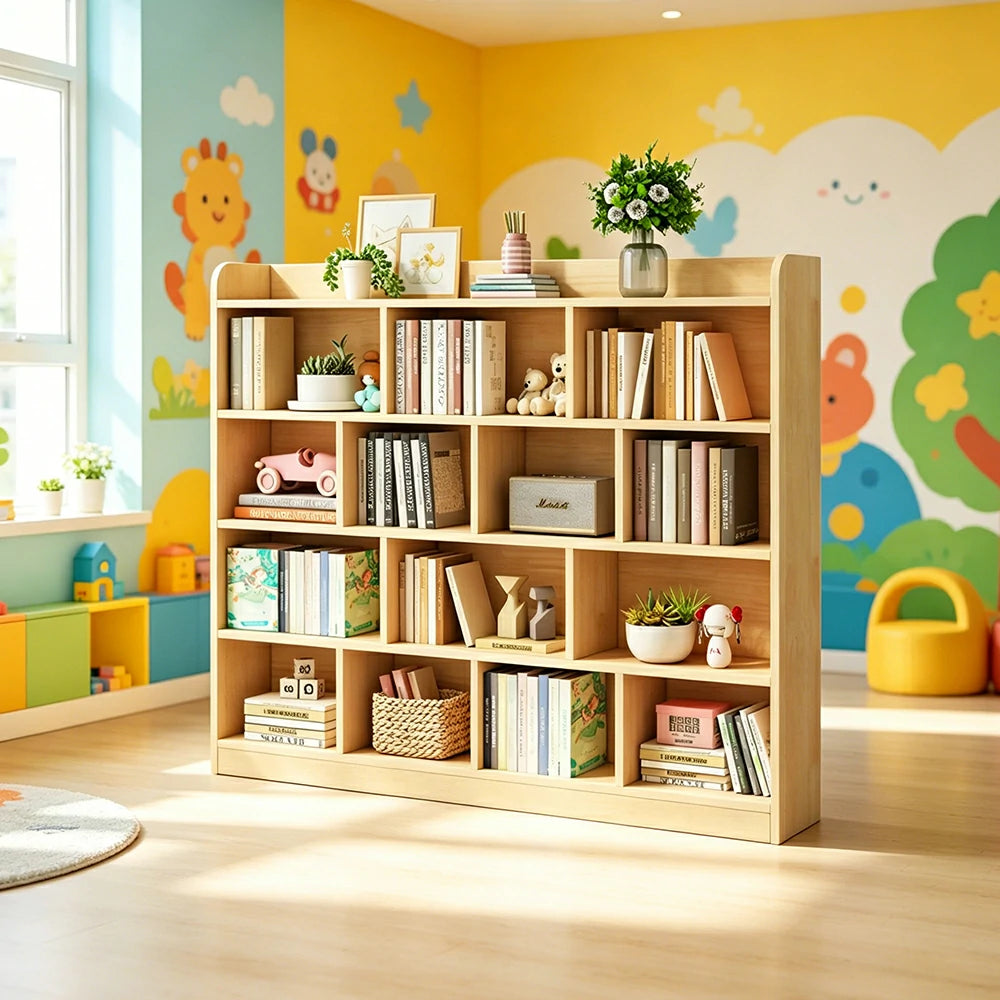 LIVARA Kids Bookshelf - Four-Tier Solid Wood Storage Shelf 180cm for Bedroom Reading Room - Natural Wood