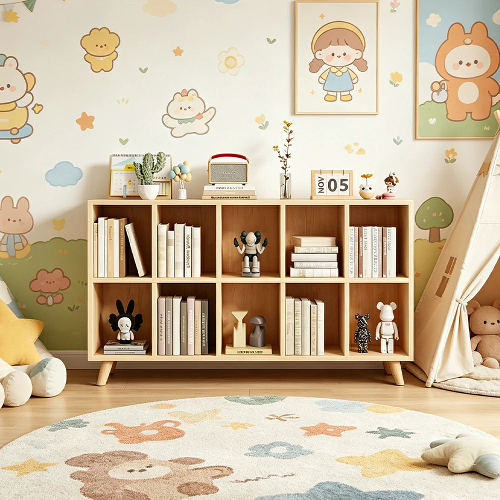 LIVARA Bookshelf - Raised Guardrail Solid Wood Storage Shelf with Legs 180cm - Natural Wood