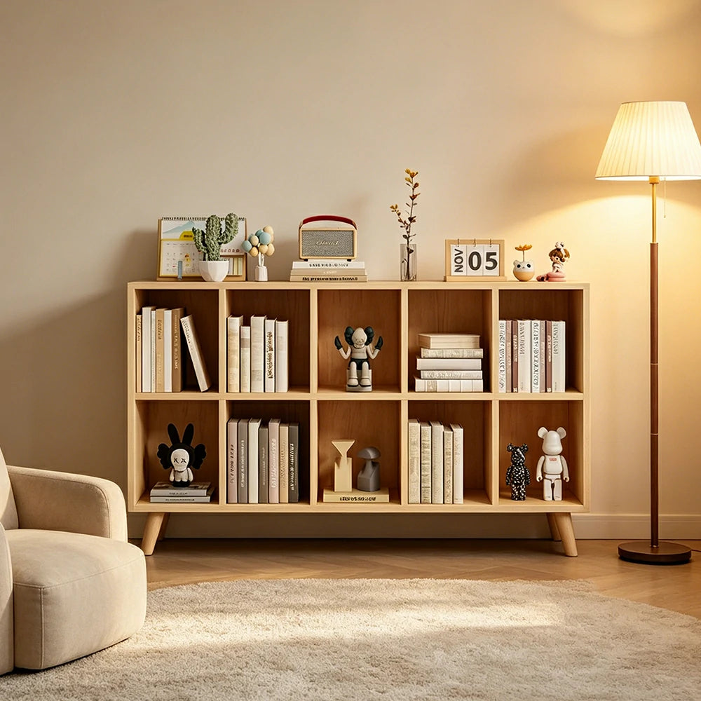 LIVARA Bookshelf - Raised Guardrail Solid Wood Storage Shelf with Legs 180cm - Natural Wood