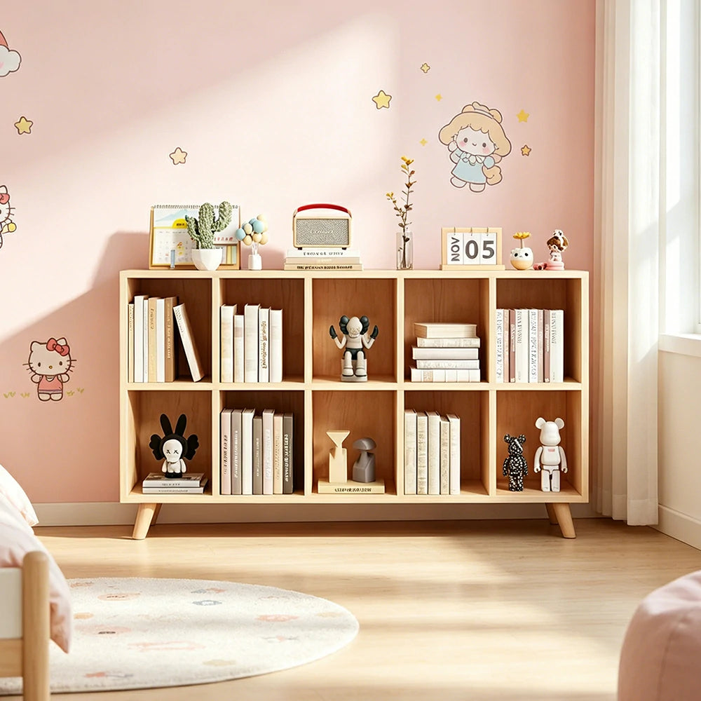 LIVARA Bookshelf - Raised Guardrail Solid Wood Storage Shelf with Legs 180cm - Natural Wood