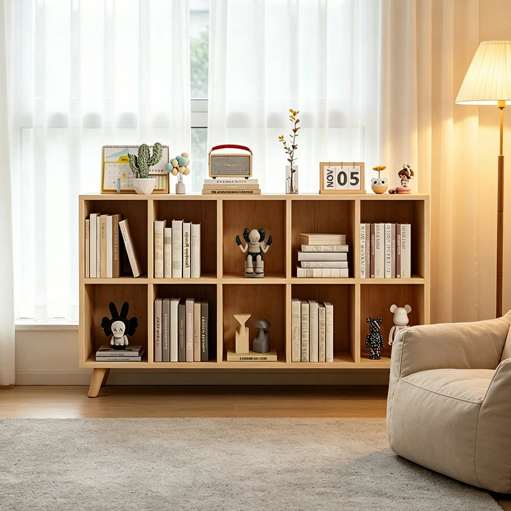 LIVARA Bookshelf - Raised Guardrail Solid Wood Storage Shelf with Legs 180cm - Natural Wood