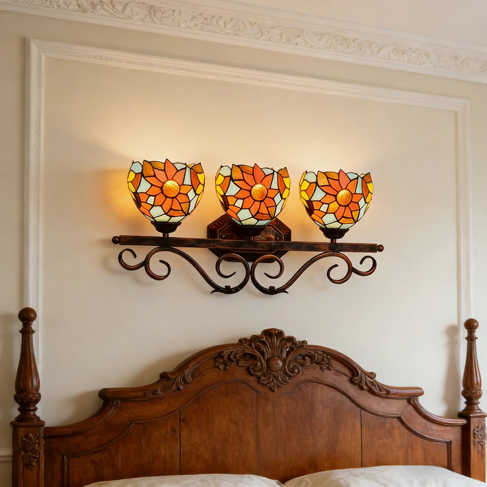 LIVARA European Vintage Blue Sunflower 3-Light Wall Light Stained Glass Handcrafted Iron Frame 63cm Living Room Bedroom Dining