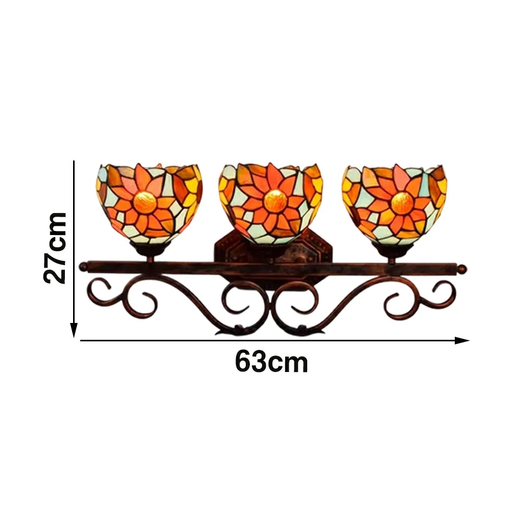 LIVARA European Vintage Blue Sunflower 3-Light Wall Light Stained Glass Handcrafted Iron Frame 63cm Living Room Bedroom Dining