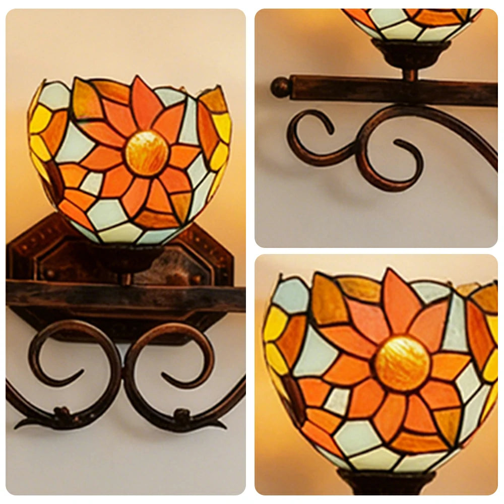 LIVARA European Vintage Blue Sunflower 3-Light Wall Light Stained Glass Handcrafted Iron Frame 63cm Living Room Bedroom Dining